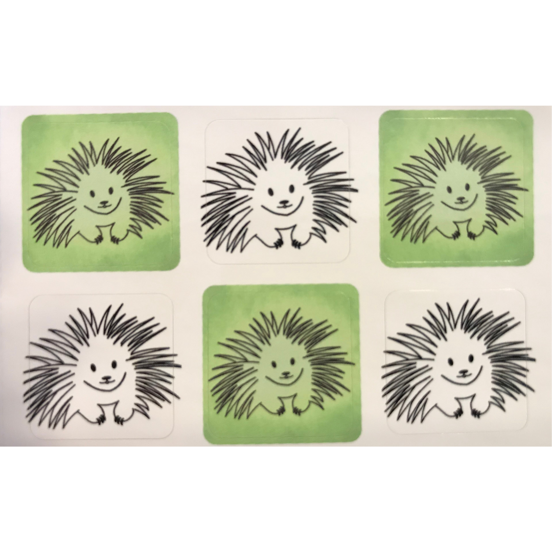 One page of green (3) and white (3) Spikey the Porcupine stickers.